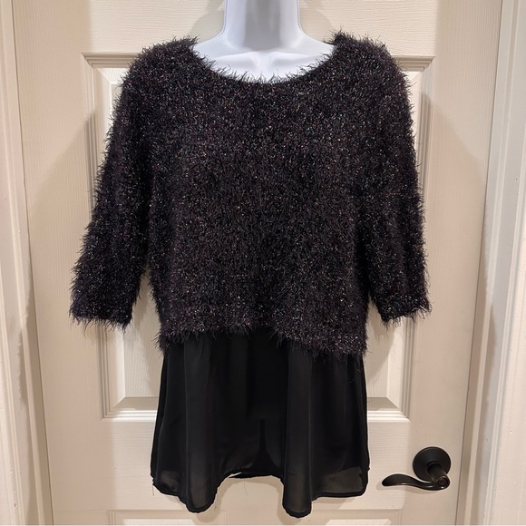Candies Fuzzy Multi Color Holiday Tinsel Glitter 3/4 Sleeve Black Sweater Large - Picture 1 of 7